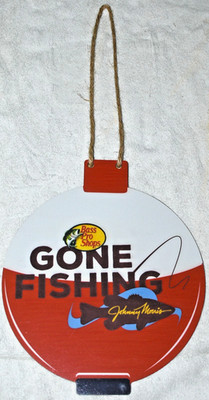 Gone Fishing Bass Pro Shop Bobber Sign Hanging Wall Art Johnny Morris Red White