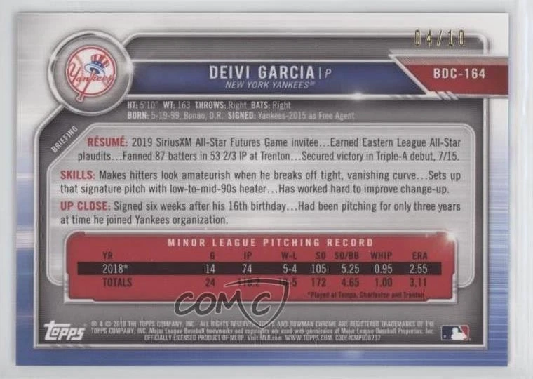 2019 Bowman Chrome Draft Sapphire Edition Purple /10 Deivi Garcia #BDC-164 - Image 2 of 2