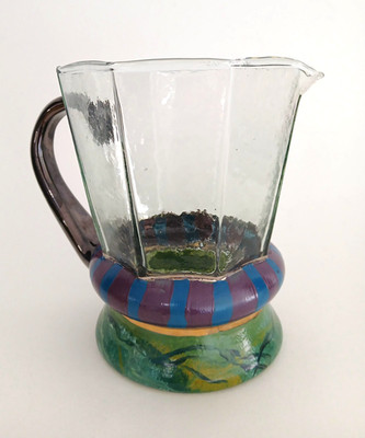 Mackenzie Childs Glass Pitcher VTG 1991 Victoria & Richard Octagon Hand Painted