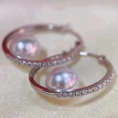 gorgeous  pair of   9-10mm south sea round white pearl dangle  earring 925s