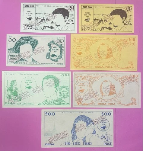 Series Of 7 20, 50, 100, 200 and 500 Frs School Banknotes Used by PTT