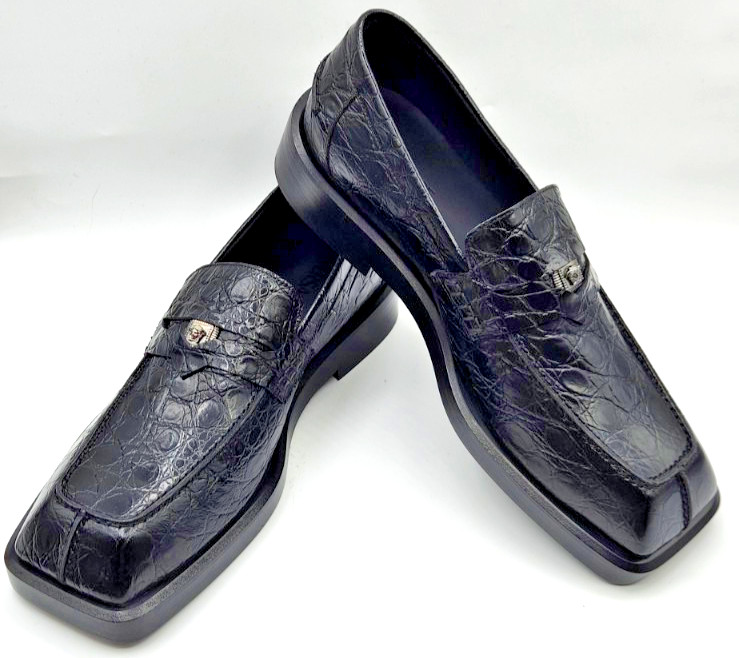 Versace Men's Croc Embossed Black Leather Loafers Shoes EU43 US10