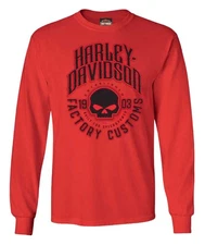 Harley-Davidson Men's Imitate Skull Long Sleeve Cotton Crew-Neck Shirt, Red