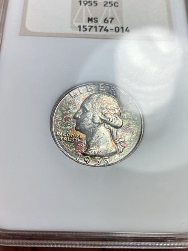 1955-P 25C Washington Silver Quarter GEM NGC MS67 Rainbow Toning NGC Fatty Slab - Picture 3 of 8