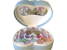 New Vintage Junior Blue Heart Cosmetic Case Contains 18 Make Up Items 2 Rings