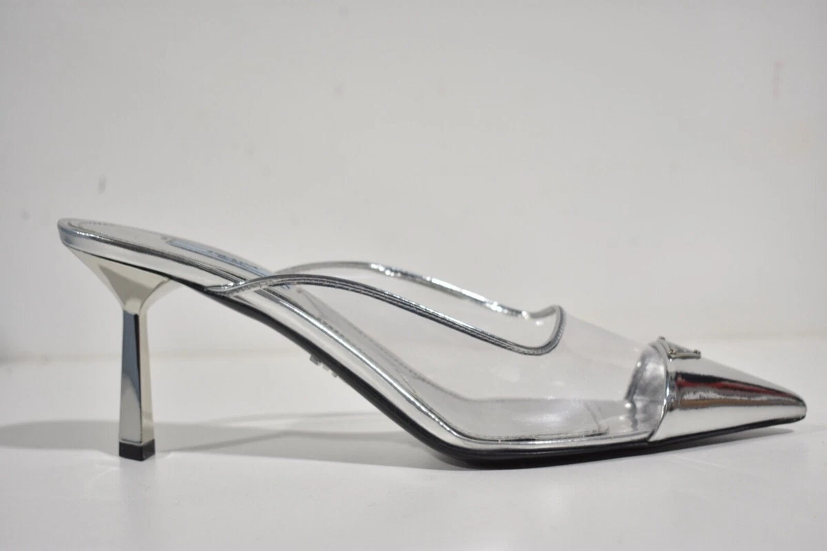 Prada Modellerie Clear PVC Silver Backless Pointed Sandal Mule Heel Pump 38.5