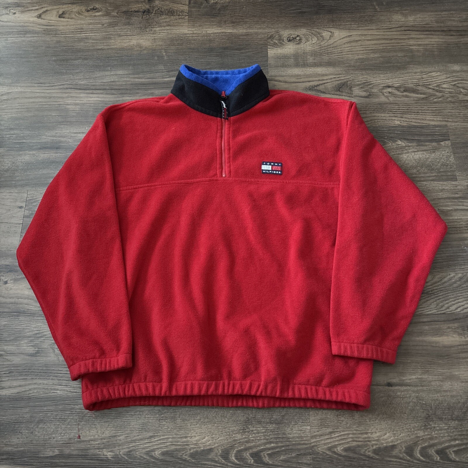 Vintage Tommy Hilfiger Red Fleece Sweater Men's XL 1/4 Zip with Pockets