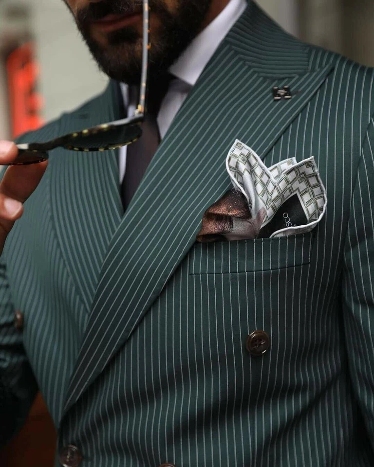 Green Pinstripe Men Suits Peak Lapel Double-Breasted Tuxedos Wedding Prom Blazer - Image 2 of 4