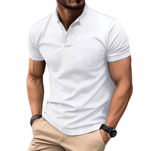 Mens Henley Grandad Collar Tee Plain T-Shirt Short Sleeve Casual Button Top New - Photo 19/28