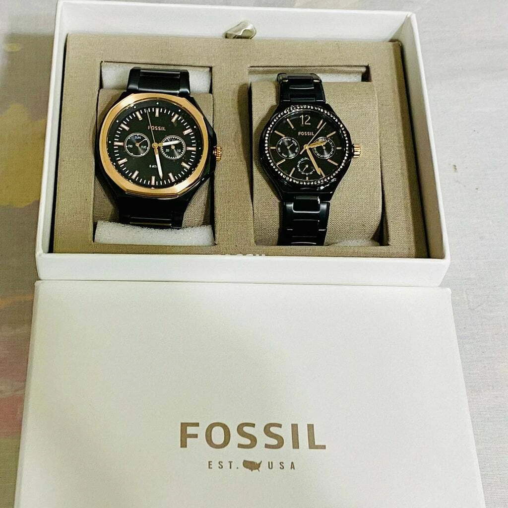 Fossil BQ2645SET Black Rose Day Date Stainless Steel 5ATM Couples Watch Set