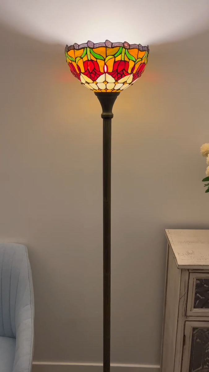 Tiffany Style Torch Floor Lamp Stained Glass Red Tulips LED Tiffany Style Torch Floor Lamp Stained Glass Red Tulips LED