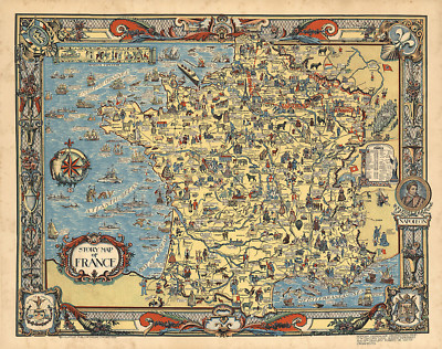 Early Mid-century Pictorial Story map of France Wall Art Poster Vintage History
