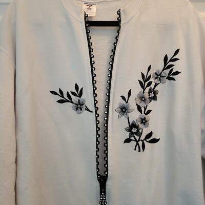 Jerzees  Womans Jacket. White W/ Black Design  Rhinestone Zipper. Euc Size L
