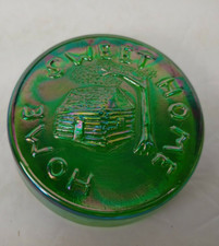 Vintage Green Carnival Glass Paperweight Home Sweet Home  2 3/4" wide cabin vtg
