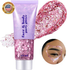Pink Face Body Glitter Gel,Pink Face Paint Makeup Holographic Chunky Sequins Gli
