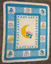 VTG Care Bears Baby Crib Quilt Handmade 36 x 48 Nursery Blanket Moon Stars