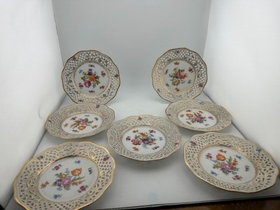 Set of 6 Dresden Germany Reticulated Dessert Plates Hand Painted Floral Gilt 8