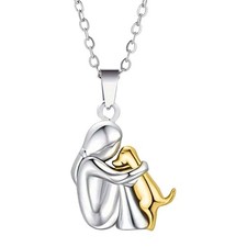 Pet Lover Necklace Pendant Woman Hugging Dog Gift Zinc Alloy Chain Jewelry