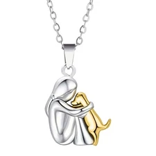 Pet Lover Necklace Pendant Woman Hugging Dog Gift Zinc Alloy Chain Jewelry