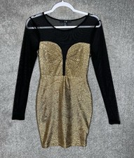 XXI Mesh Gold Crinkle Bodycon Mini Dress Womens Size Medium Black Stretch