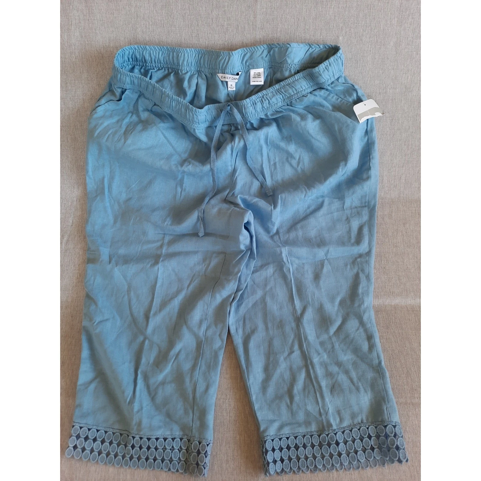 Emily Daniels Women XL Crochet Embroider Hem Capri Pants Drawstring ElasticWaist