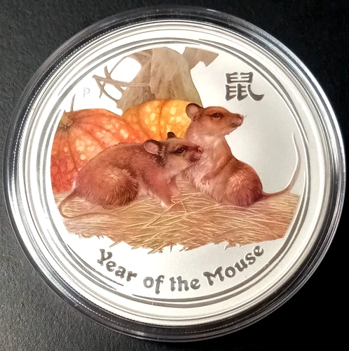 2008 Australia Perth 5 Troy Oz .999 Fine SILVER Mouse $8 Coin Round in Capsule