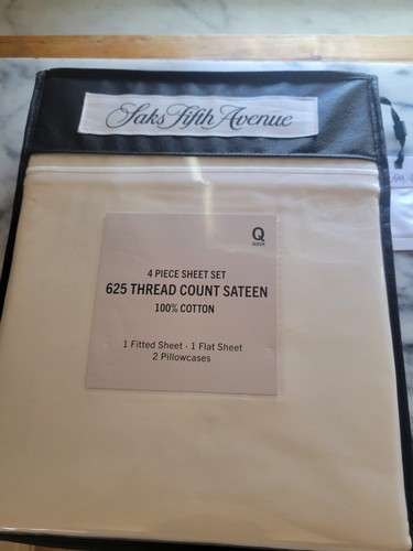 Saks Fifth Avenue Queen 100% Cotton Sateen Sheet Set White 625 TC New