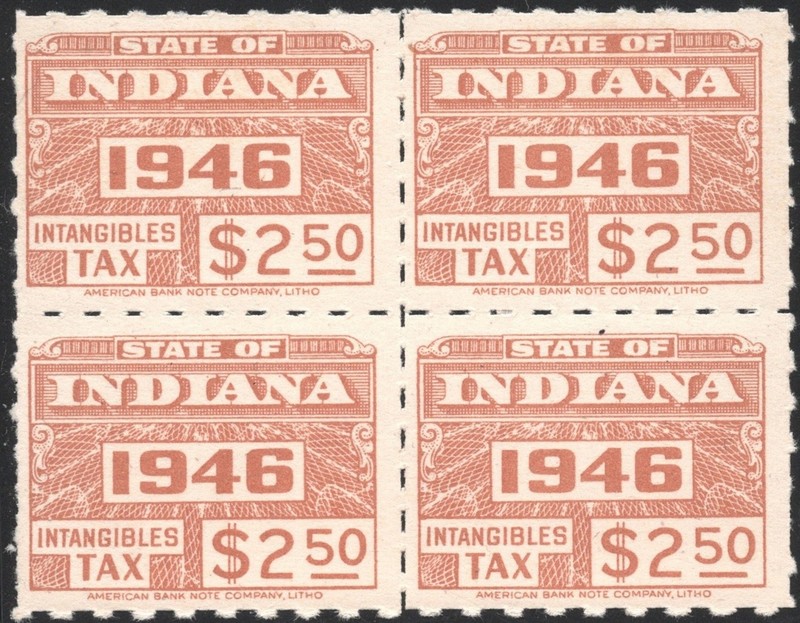 SRS IN D116 $2.50 Indiana Intangible Tax Revenue Block of Four (1946) MNH