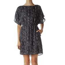 MICHAEL KORS Navy Blue Print Mini Dress Bat Sleeves Crew Neck Pockets SZ L