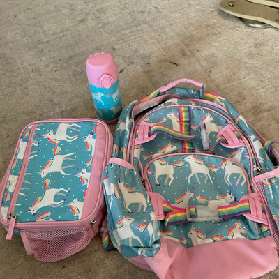 L.L.Bean Girls Unicorn Print Backpack Set w/ Lunch Bag & Bottle, Blue/Pink