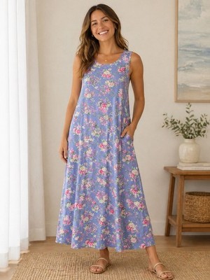 Bechamel Floral Cotton Maxi Dress Blue Pink Sleeveless Cottagecore Womens M