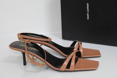 sz 7.5 / 38 YSL Saint Laurent Brown Leather Low Heel Chain Ankle Sandal Shoes