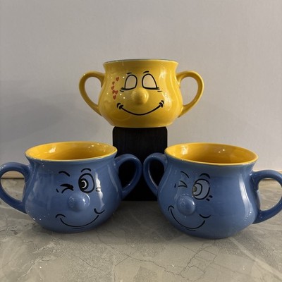 3 x Trade Winds Funny Faces Blue & Yellow Soup Bowls 1990 s with Two Handles