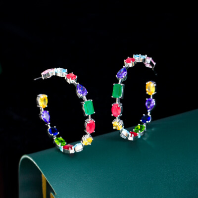 Trendy Colorful Cubic Zirconia Big Circle Silver Plated Hoop Earrings for Women