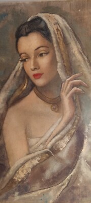  Vintage Oil Painting Signed Leta Thomas Beautiful Lady Veil Mediterranean Mid C