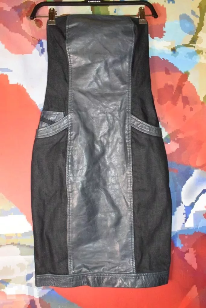 DIESEL LEATHER DENIM TUBE DRESS BODYCON SIZE SMALL BRAND NEW DENIM