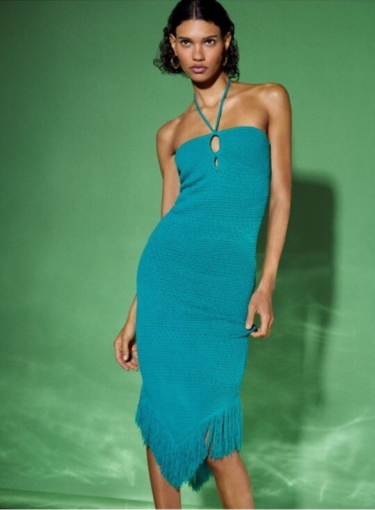 green crochet halter dress AQUA Bloomingdale’s Fringe Trim Dress~M~Lined ~$118~EUC LowStock:42566082494515