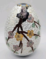 Vintage Chinese Cloisonne White Enamel Brass Egg Floral Cherry Tree Pattern