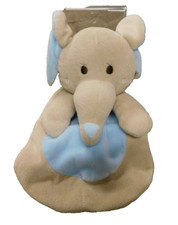 Baby 3D Head Elephant Plush Blanket Lovey Rattle Tan Blue Embroidered Eyes EUC