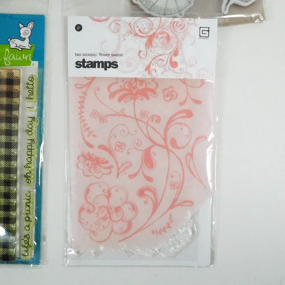 Rubber Stamp Lot Lawn Fawn Flowers Leaves Gingham Whimsical — 第 4/4 张图片