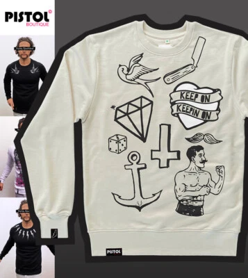 Pistol Boutique Sweatshirt Beige à Manches Longues Col Rond Tattoo Hipster - Photo 1/4