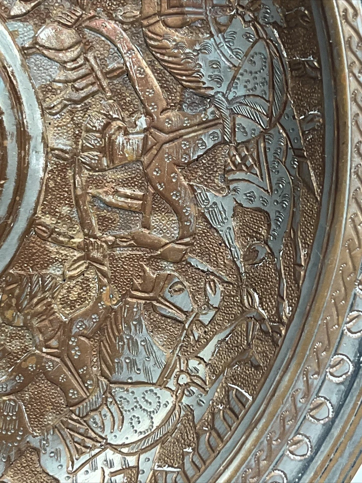Antique 1815 Silver Tone, Copper Middle East Persian Qajar Hanging Bowl Engraved - Image 3 of 4