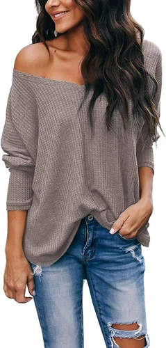 iGENJUN Women's Casual V-Neck Off-Shoulder Batwing Sleeve Pullover Sweater Tops - Picture 29 of 94