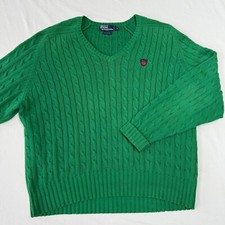 Vintage Polo Ralph Lauren Cable Knit Sweater Mens XL Green V-Neck 90s Shield
