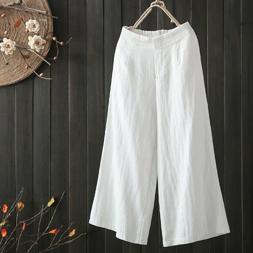 Women Cotton Linen Capri Culottes Cropped Wide Leg Elastic Waist Trousers Pants - Picture 2 of 18