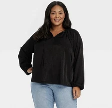 Ava & Viv Women’s 3X Blouse - Black Balloon Sleeve Tie V-Neck Flow Top - New