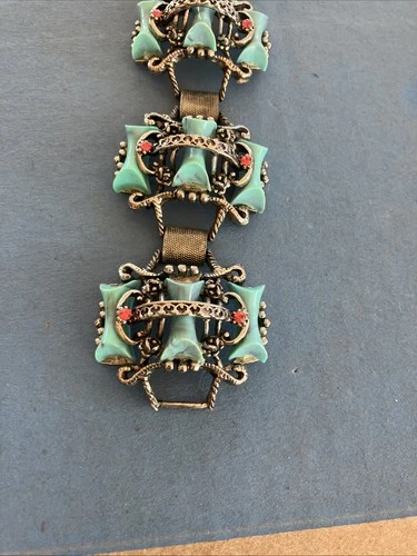 1950's Costume Vintage Red Rhinestone Turquiose Lucite Jewelry Bow Bracelet