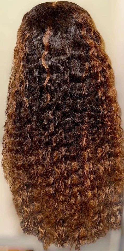 Impresionante, 28 pulgadas, súper rizado, 100 % cabello humano, raíces marrones oscuras con peluca rubia miel Foto 4 de 4