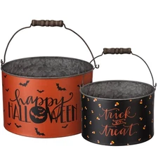 Primitives by Kathy Happy Halloween Tin Buckets Set 2 Trick or Treat Fall Decor