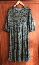 Zara Loose Fit Peasant Dress Size L Light Teal/Black Ditsy Floral Print Midi VGC